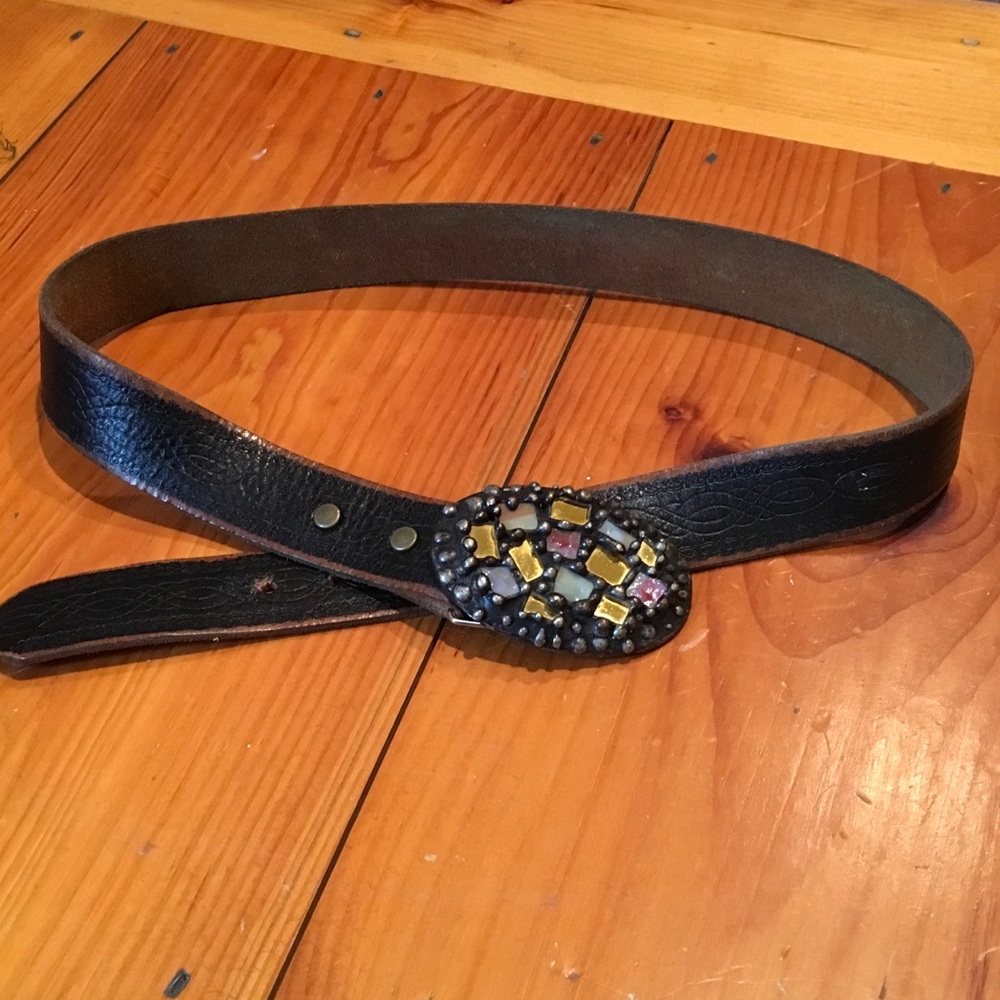 Leather Belt With Multi-Colored Stone Buckle.