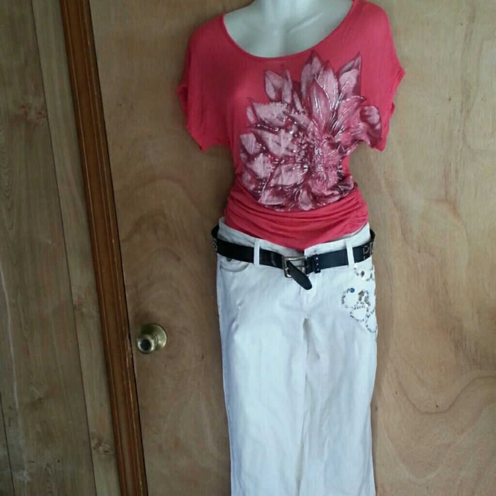 Sequin design white jeans#pockets