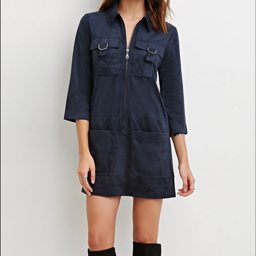 Zipped up faux suede mid-sleeve dress.