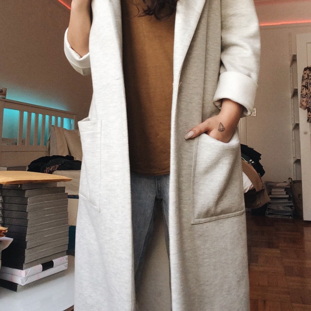 Long heather grey fabric trench coat