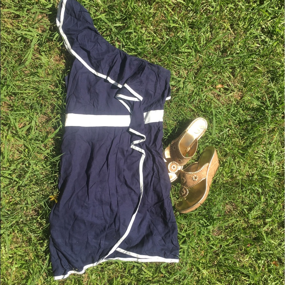 One shoulder linen dress, navy and white