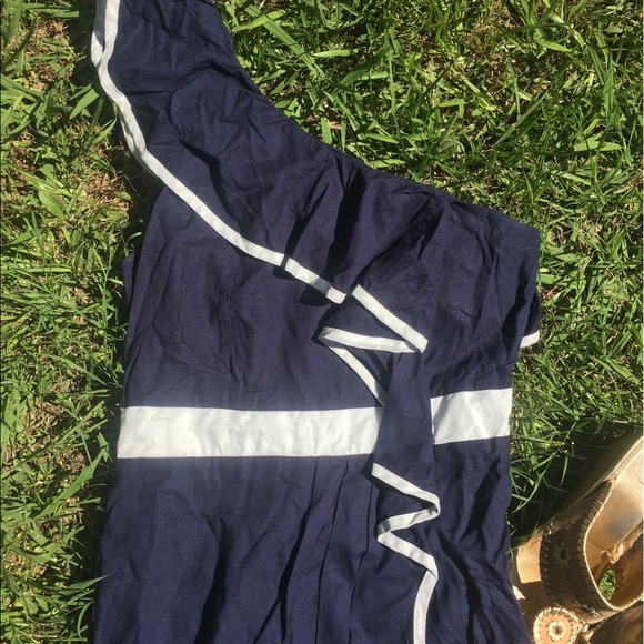 One shoulder linen dress, navy and white - Picture 2 of 4