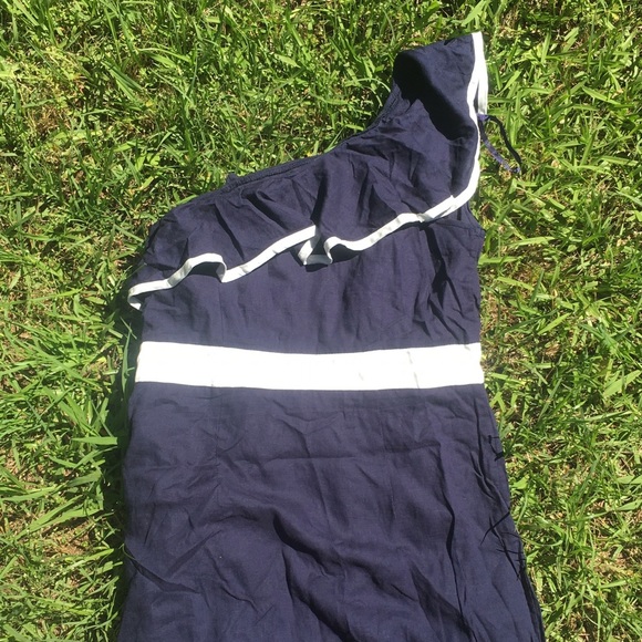 One shoulder linen dress, navy and white - Picture 4 of 4