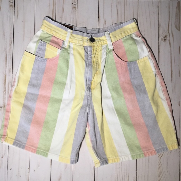 Vintage Pants - Vintage Pastel Striped Denim Shorts