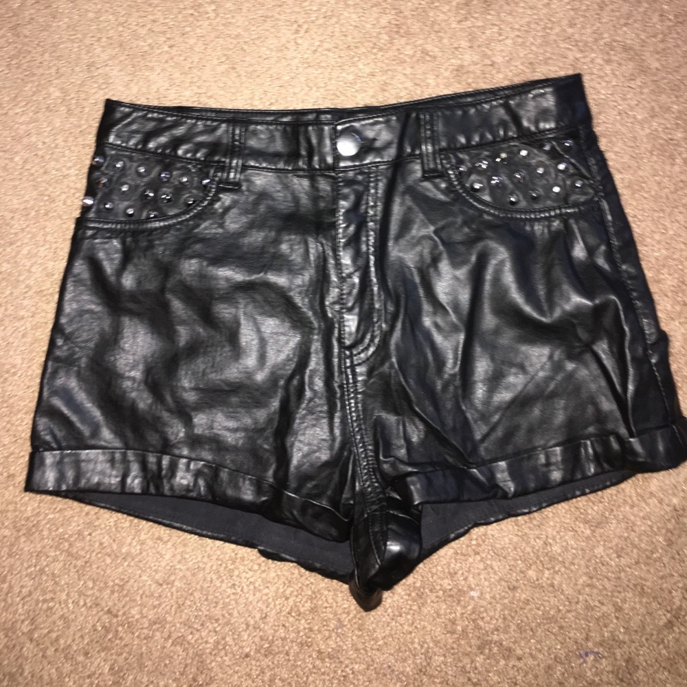 Leather studded high waisted shorts