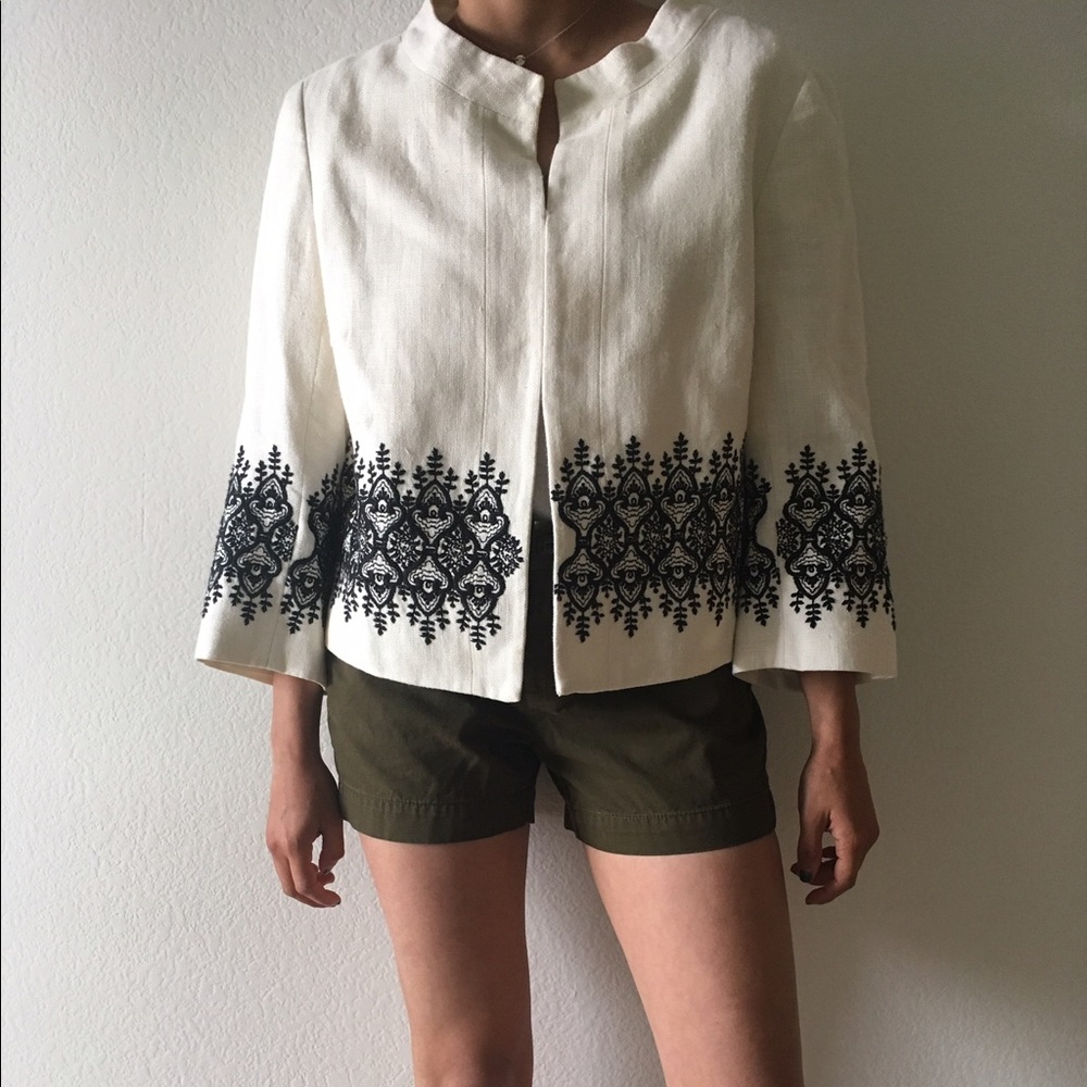 Embroidered Linen Cropped Coat