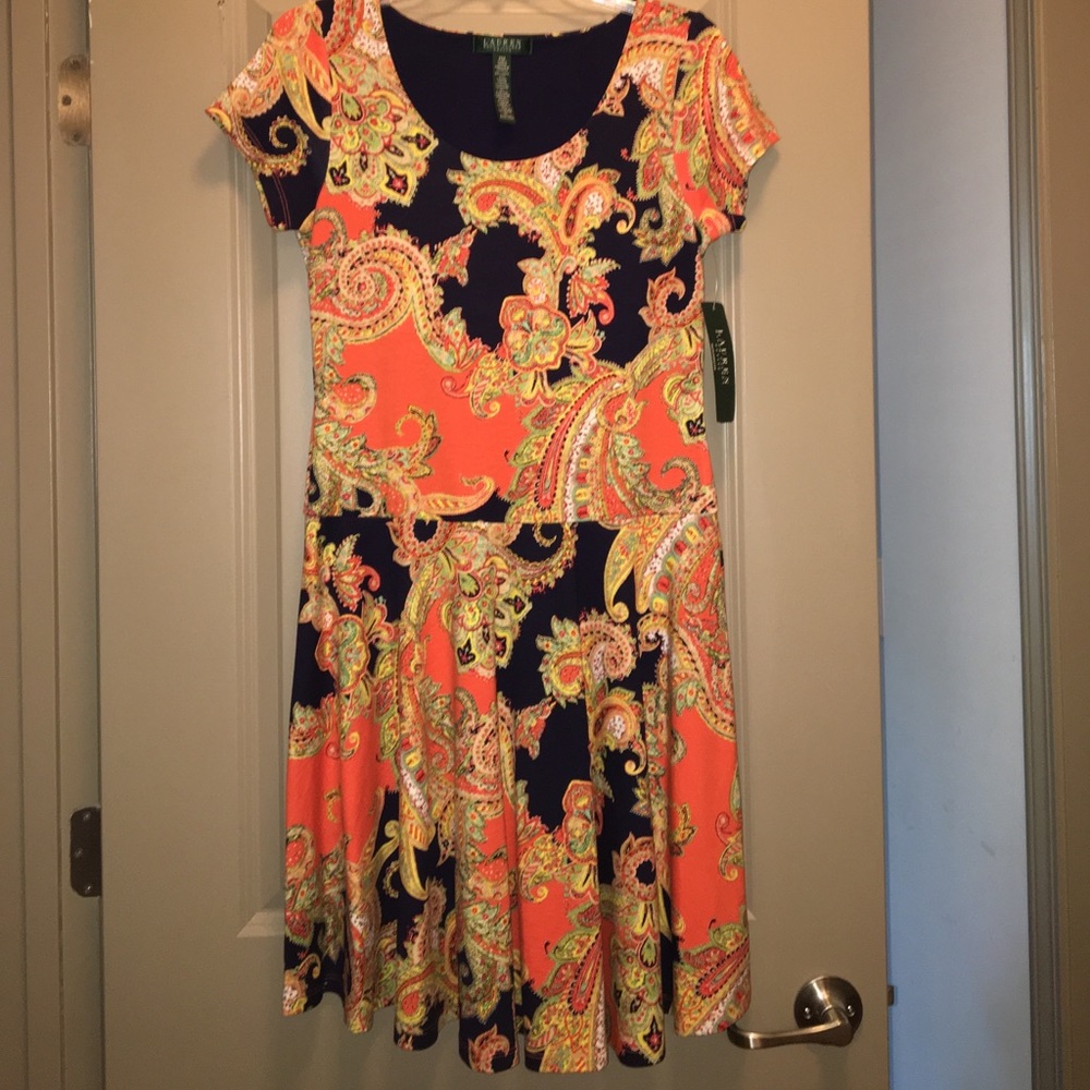 Orange and Navy Jacquard-Like Print Dress