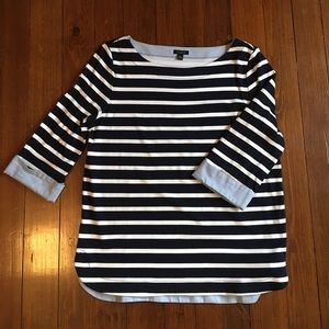Ann Taylor navy striped tee with chambray cuffs