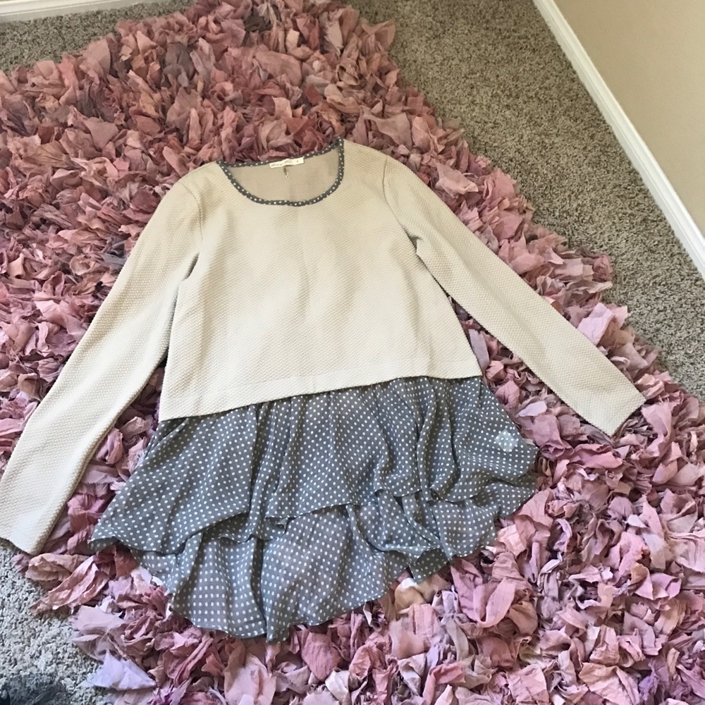 Tan and grey with creme polka dot tunic