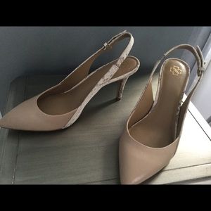 Tan and snakeskin kitten heel