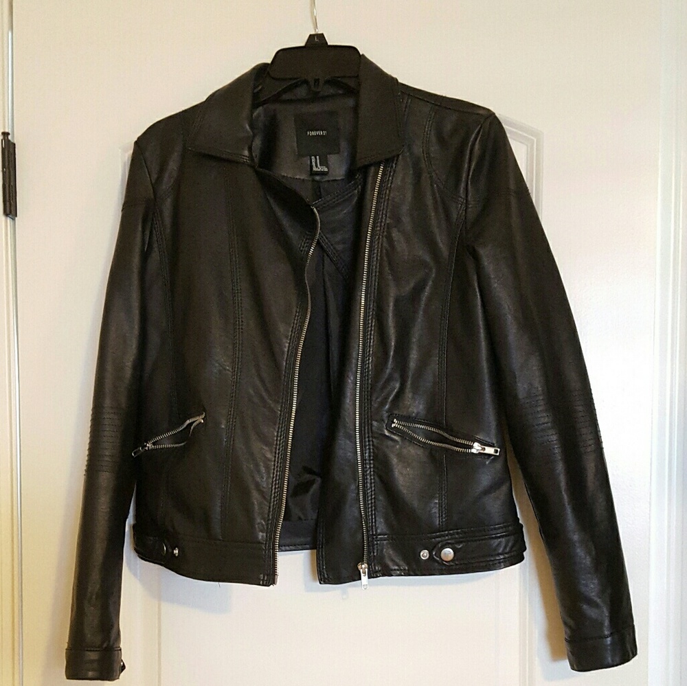 Forever 21 black faux leather moto zip jacket