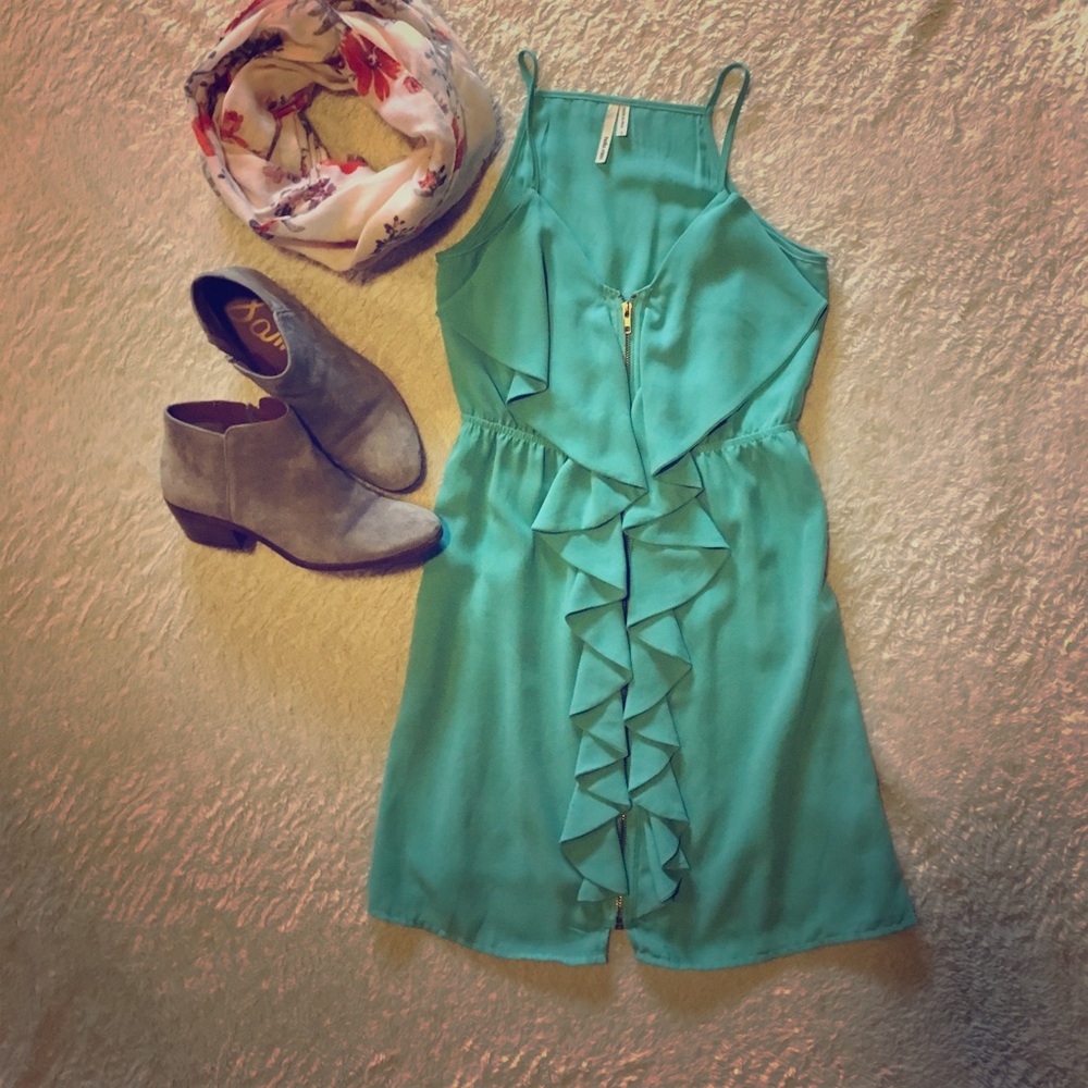 Aqua ruffled zipper dress