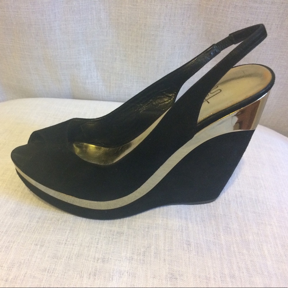 Sebastian Milano Peep Gold and Black Suede Wedges