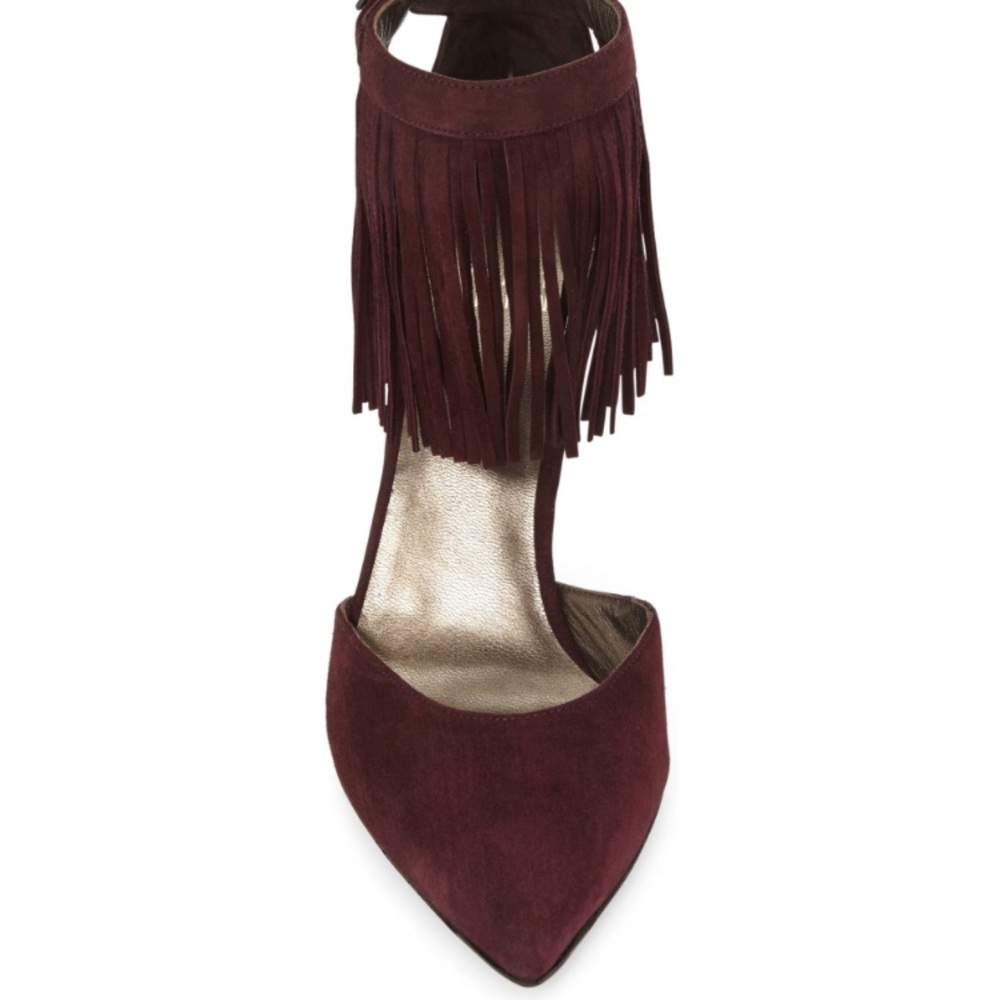 Stuart Weitzman Maroon Suede Ankle Fringe Pumps - Picture 4 of 6