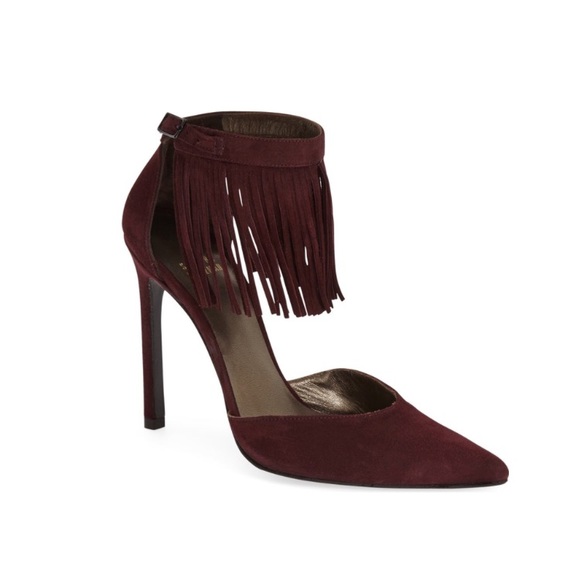 Stuart Weitzman Maroon Suede Ankle Fringe Pumps - Picture 2 of 6