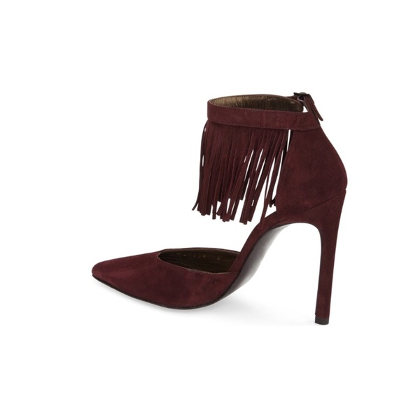 Stuart Weitzman Maroon Suede Ankle Fringe Pumps - Picture 3 of 6