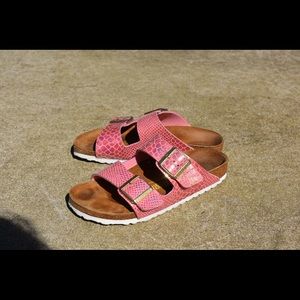 Pink holo snake print Birkenstocks!
