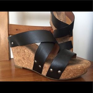 Lucky Brand Leather Studded Cork Wedges - Size 8