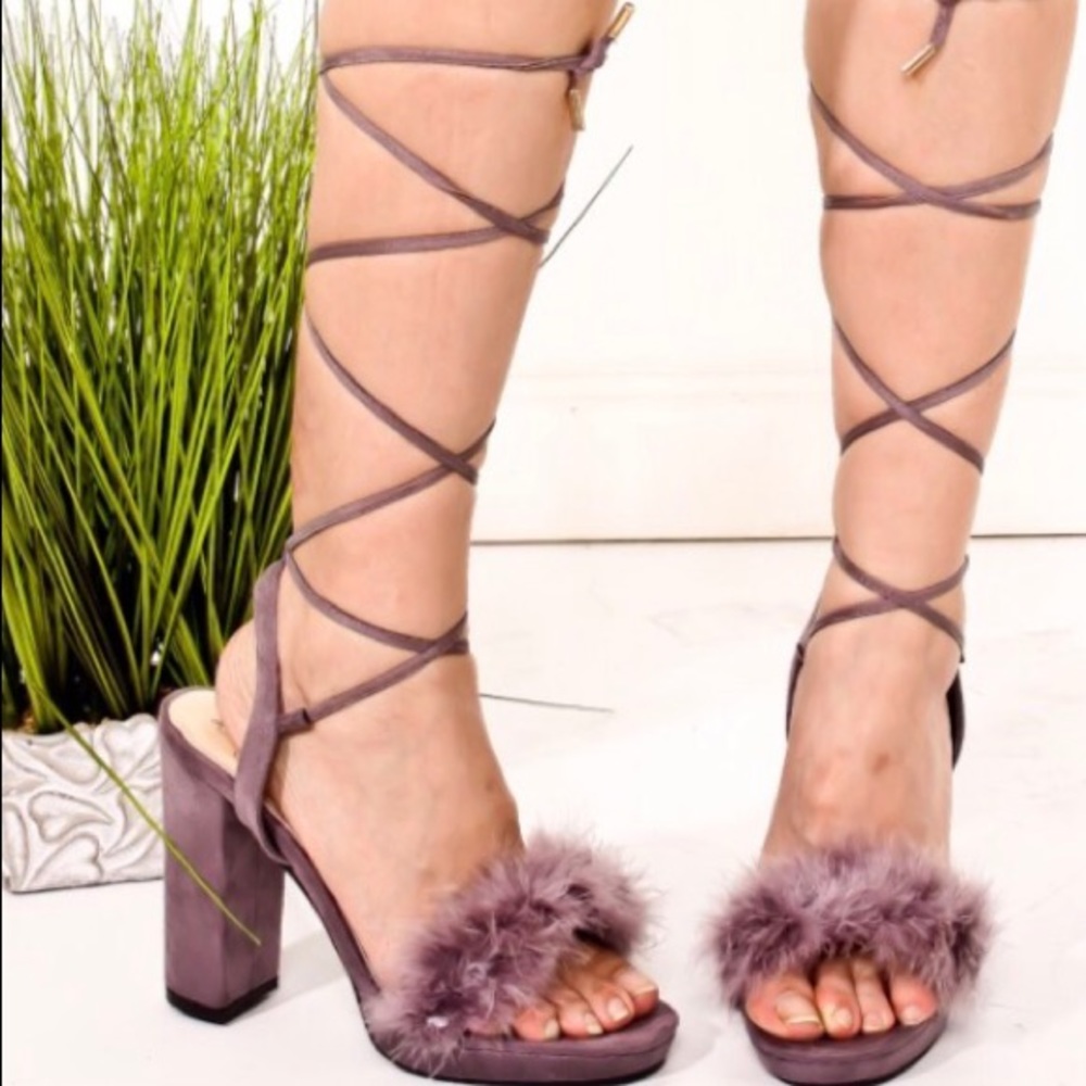 Grey open toe fur embellished lace up heels