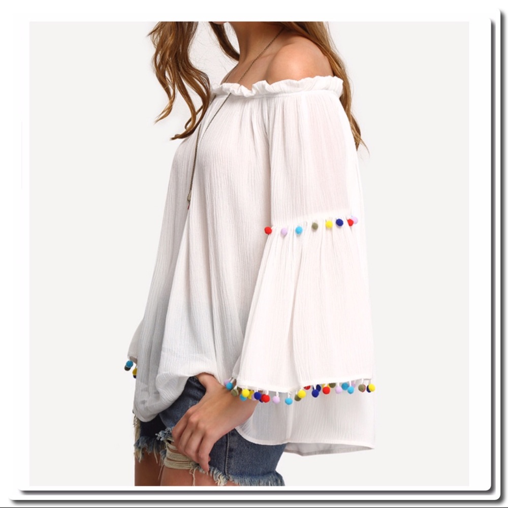 Off the Shoulder White Blouse Pom Poms - Picture 2 of 4