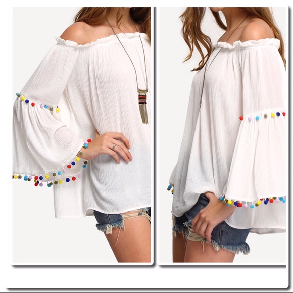 Off the Shoulder White Blouse Pom Poms - Picture 3 of 4