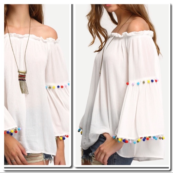 Off the Shoulder White Blouse Pom Poms - Picture 4 of 4