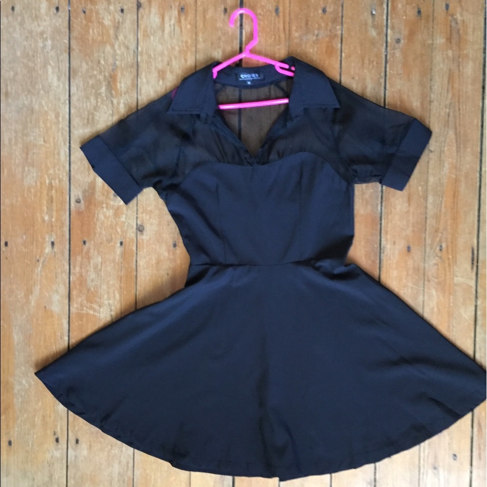 Black A-Line Skater Dress with Sheer Top