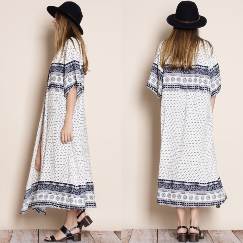 Navy Blue White Boho Chic Long Kimono - Picture 2 of 5