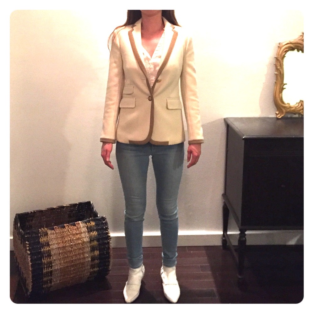 J. Crew Tipped Hacking Jacket -Ivory w/ Camel Trim