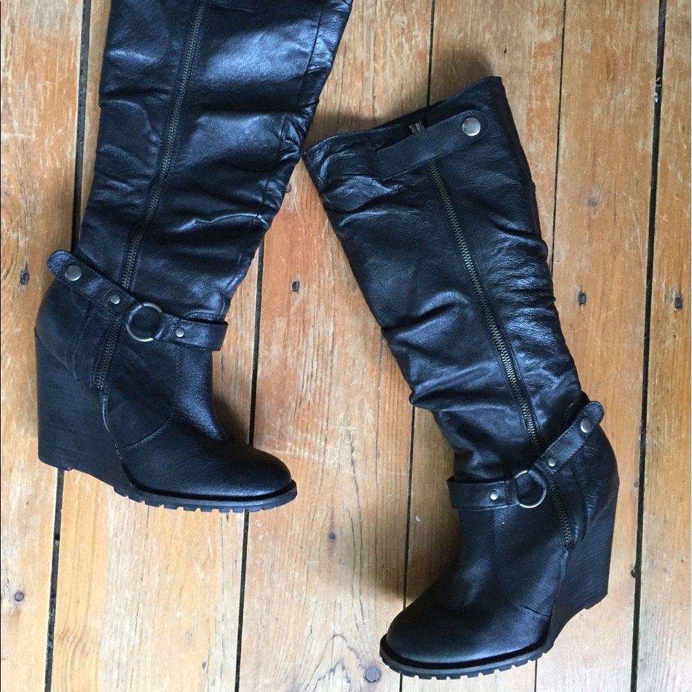 Black Knee High Wedge Boots