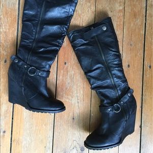 Black Knee High Wedge Boots