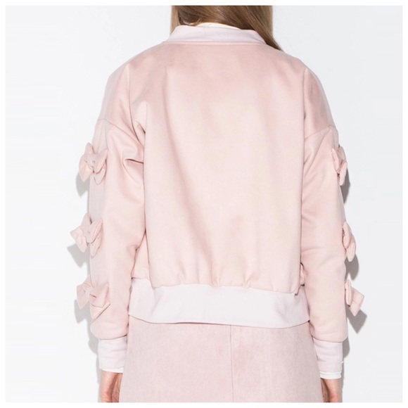 Faux Suede Microfiber Pink Bow Bomber Jacket - Picture 3 of 5