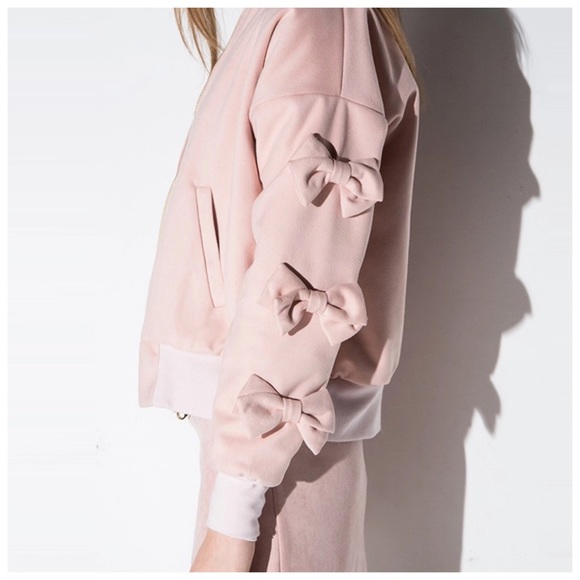 Faux Suede Microfiber Pink Bow Bomber Jacket - Picture 4 of 5
