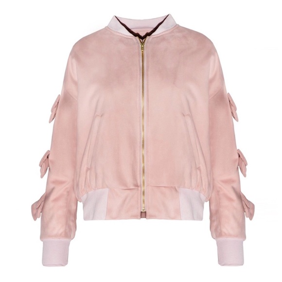 Faux Suede Microfiber Pink Bow Bomber Jacket - Picture 5 of 5