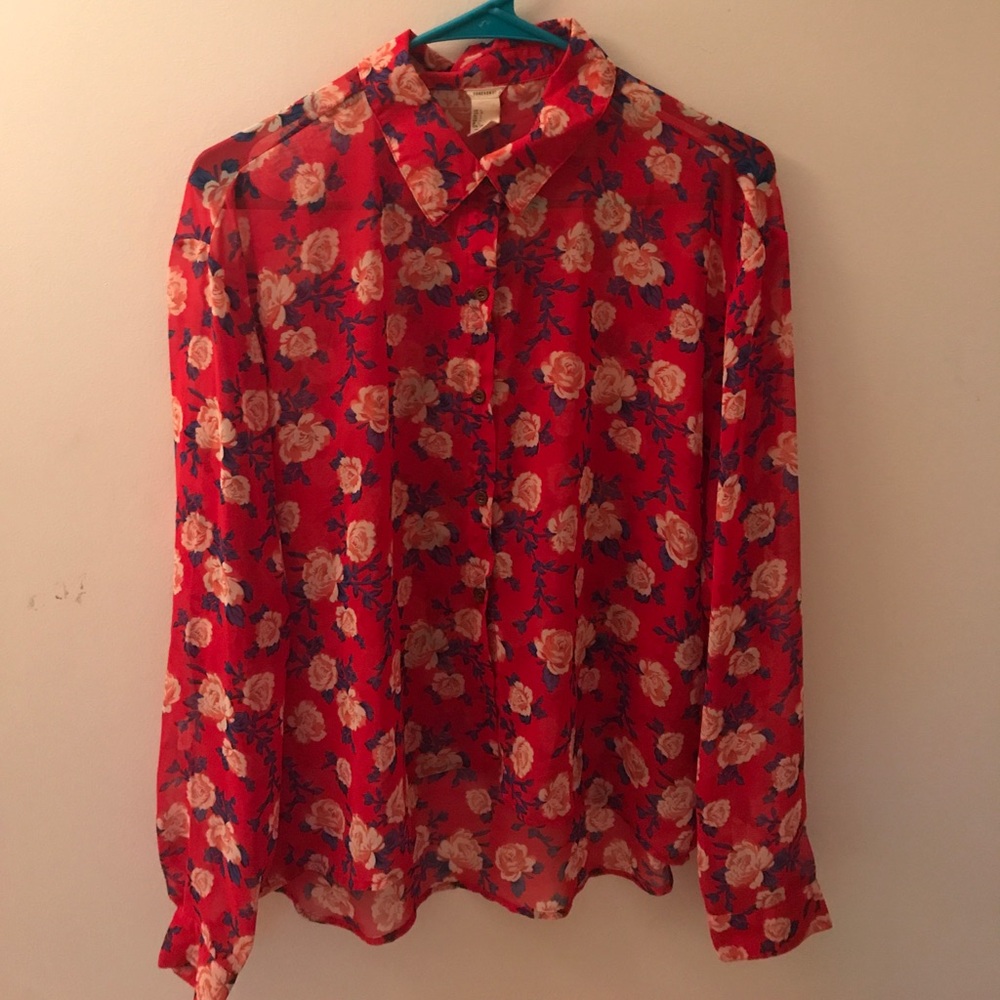 Rose Print Chiffon Button-Up