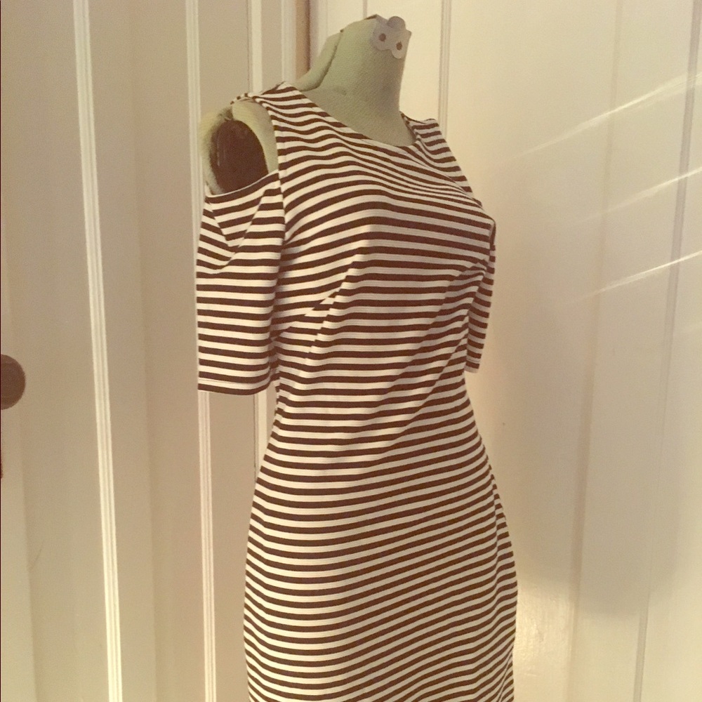 H&M B/W Striped Midi Cold Shoulder Bodycon