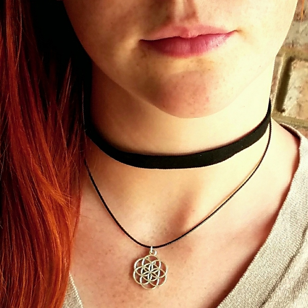 Black Velvet Double Choker With Silvertone Mandala