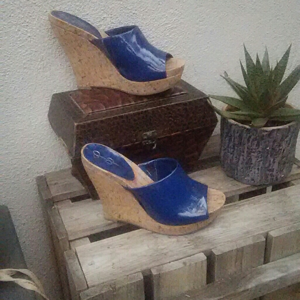 Jessica Simpson blue cork wedge heels