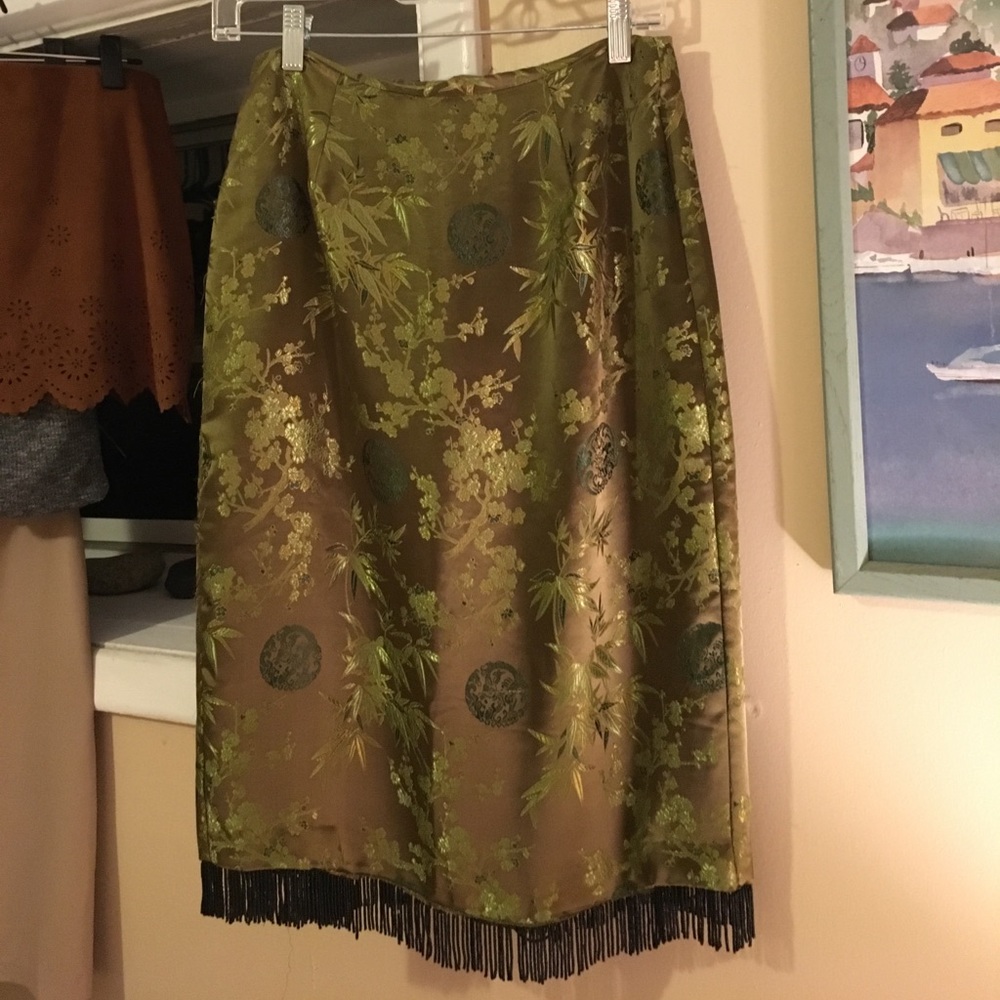 Green silk skirt oriental pattern beaded fringe