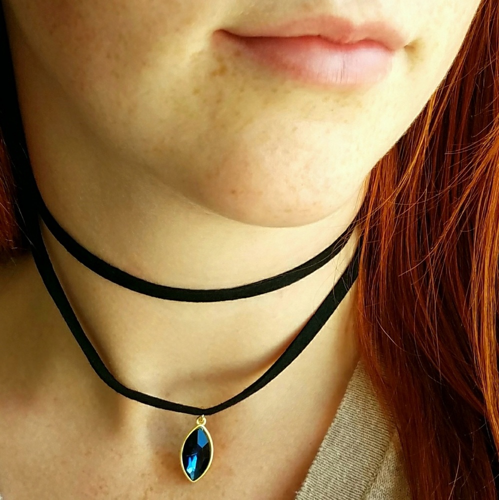 Black Double Choker with Blue and Gold Jewel