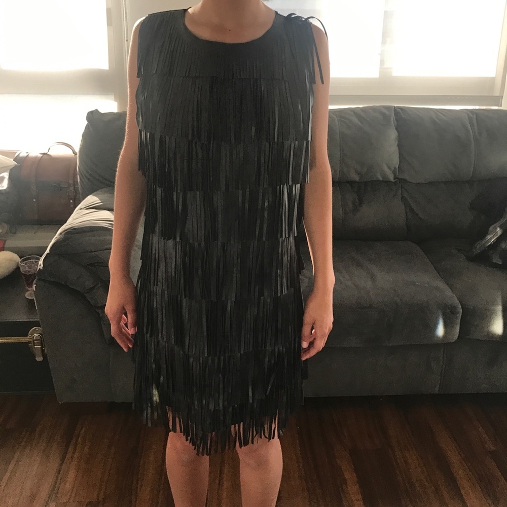Black fringe pleather dress