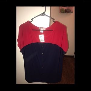 Red and navy blue dress shirt.