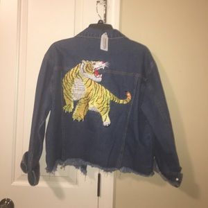 Embroidered tiger blue jean jacket
