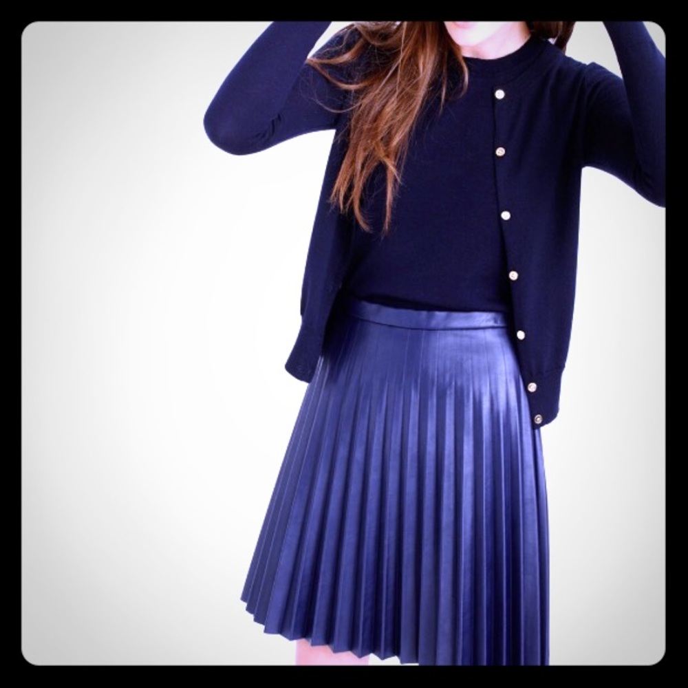 JCrew pleated faux leather navy skirt