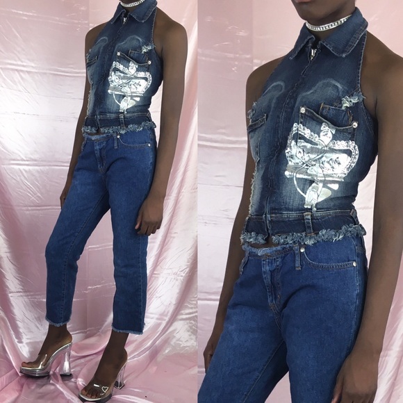Baby Phat Denim Halter Top Crop Top Y2K - Picture 2 of 3