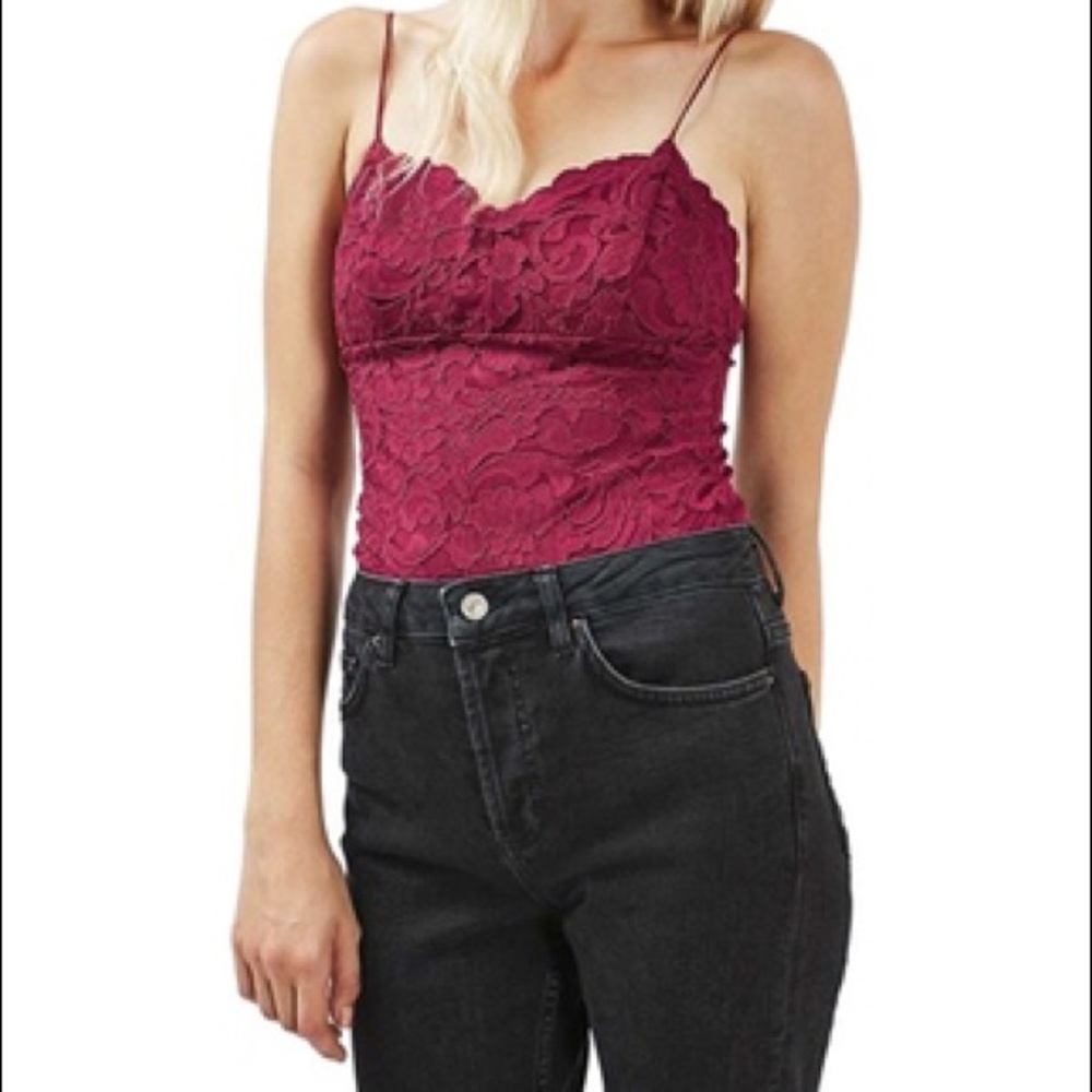 Topshop Maroon Scalloped Lace Bodysuit