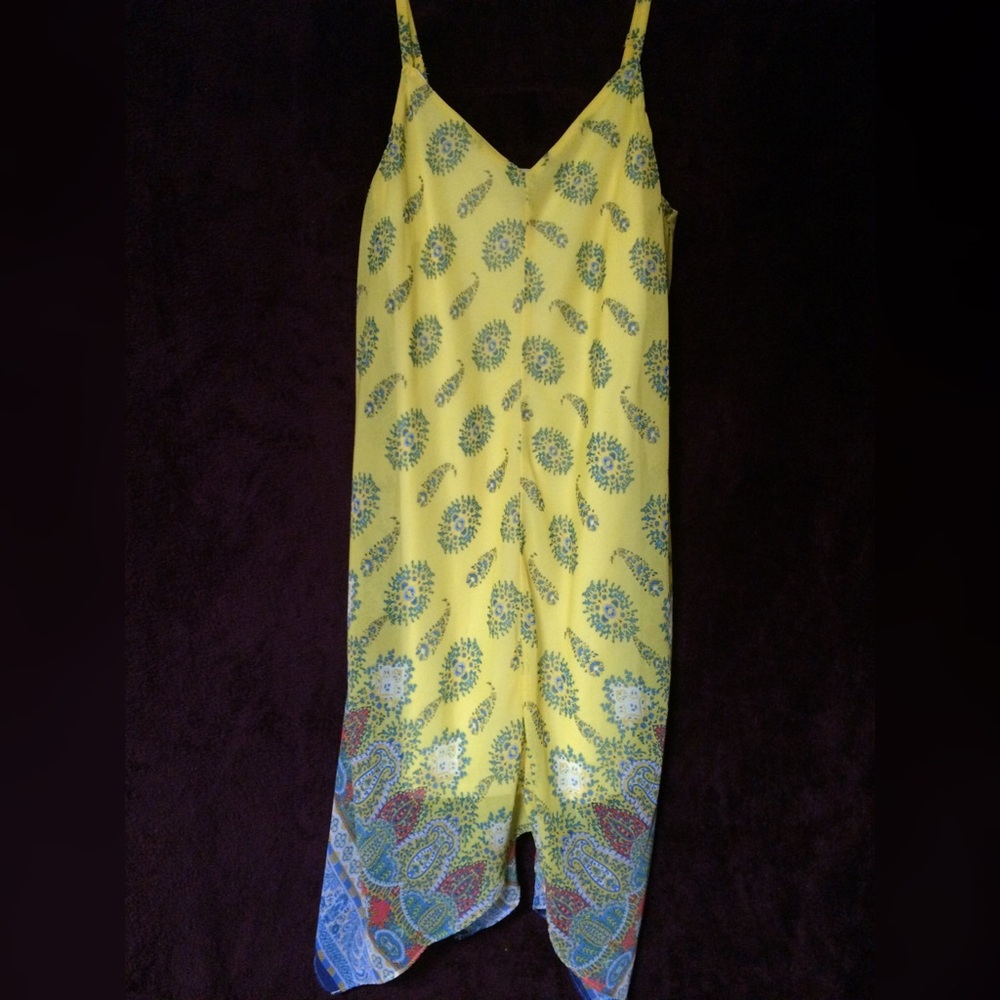 Yellow Paisly print dress.