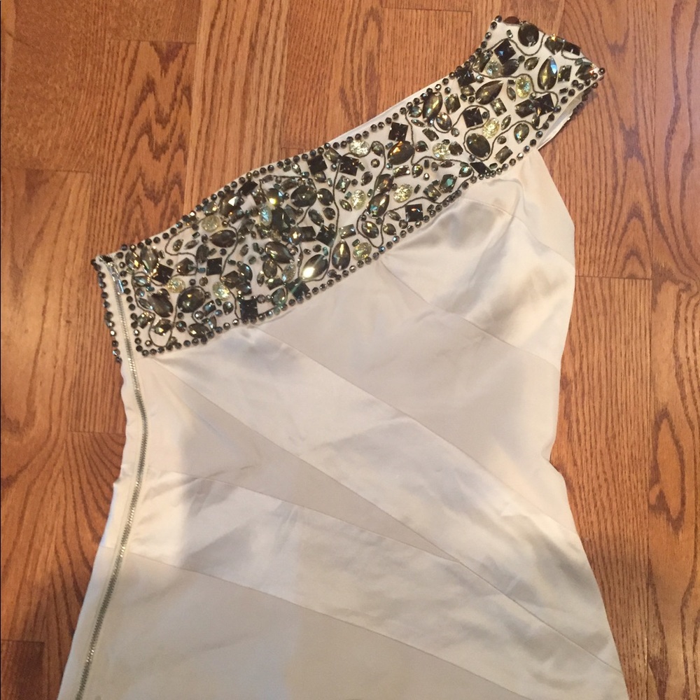 Arden B Cream Silk One Shoulder Top w Jeweled neck