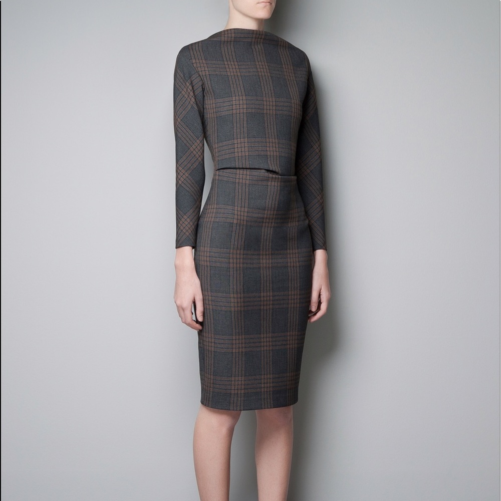 Zara Plaid Tartan Check Fitted Pencil Dress XS
