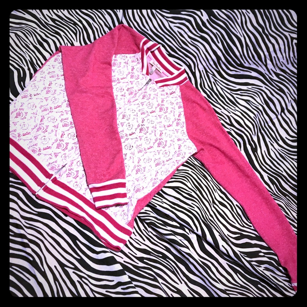 Lightweight pink and lace varsity jacket.
